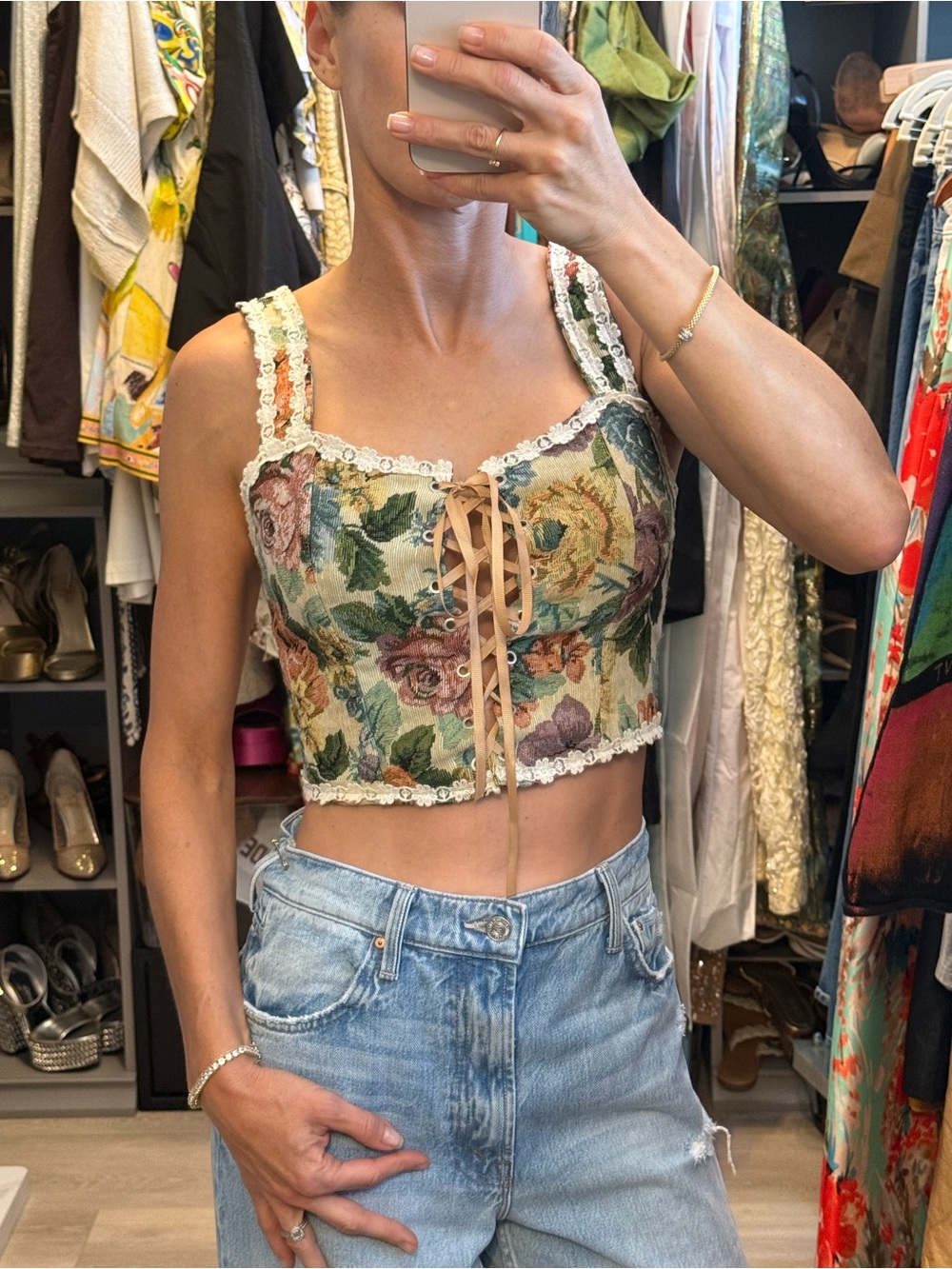 Beige Botany Floral Lace-Up Corset Tank Top - Green Multi